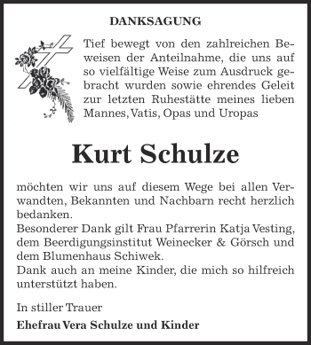 Traueranzeige von Kurt Schulze von Super Sonntag Bernburg