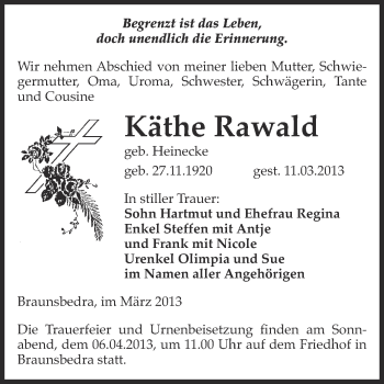 Traueranzeige von Käthe Rawald von WVG - Wochenspiegel Merseburg