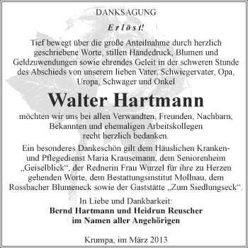 Traueranzeige von Walter Hartmann von WVG - Wochenspiegel Merseburg