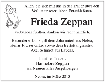 Traueranzeige von Frieda Zeppan von WVG - Wochenspiegel NMB / WSF / ZTZ