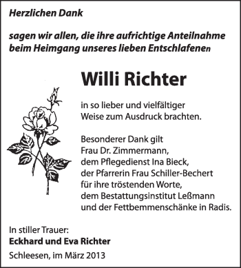 Traueranzeige von Willi Richter von WVG - Wochenspiegel Wittenberg
