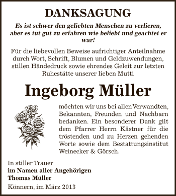 Traueranzeige von Ingeborg Müller von Super Sonntag Bernburg