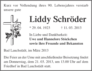 Traueranzeige von Liddy Schröder von WVG - Wochenspiegel Merseburg