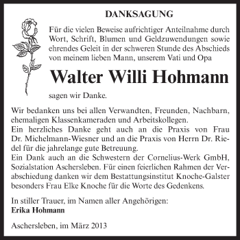 Traueranzeige von Walter Willi Hohmann von WVG - Wochenspiegel Aschersleben