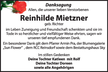 Traueranzeige von Reinhilde Mietzner von Super Sonntag Wittenberg