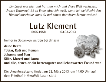 Traueranzeige von Lutz Klement von Super Sonntag Zeitz