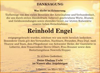 Traueranzeige von Reinhold Engel von WVG - Wochenspiegel Bitterfeld