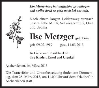 Traueranzeige von Ilse Metzger von WVG - Wochenspiegel Aschersleben