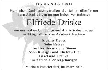 Traueranzeige von Elfriede Driske von WVG - Wochenspiegel Merseburg