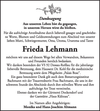 Traueranzeige von Frieda Lehmann von Super Sonntag Dessau / Köthen
