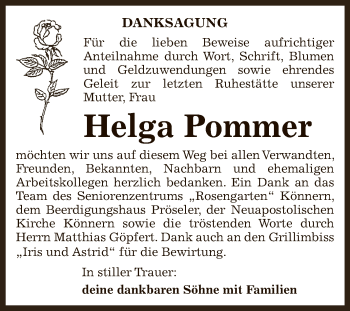 Traueranzeige von Helga Pommer von Super Sonntag Bernburg