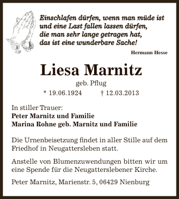 Traueranzeige von Liesa Marnitz von Super Sonntag Bernburg