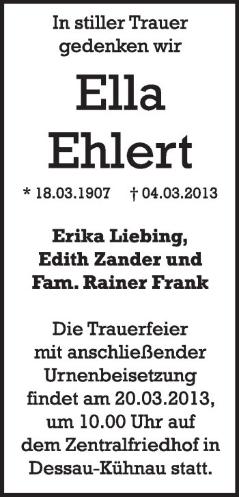 Traueranzeige von Ella Ehlert von Super Sonntag Dessau / Köthen