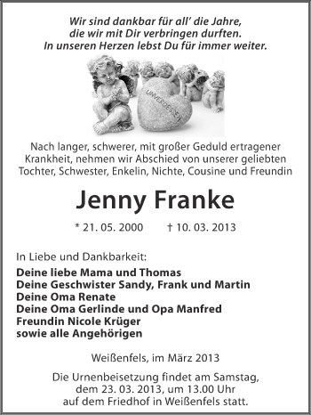 Traueranzeige von Jenny Franke von WVG - Wochenspiegel NMB / WSF / ZTZ