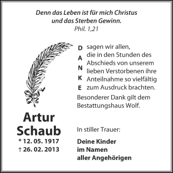 Traueranzeige von Artur Schaub von WVG - Wochenspiegel NMB / WSF / ZTZ