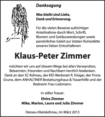 Traueranzeige von Klaus-Peter Zimmer von Super Sonntag Dessau / Köthen