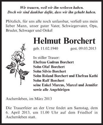 Traueranzeige von Helmut Borchert von WVG - Wochenspiegel Aschersleben