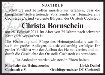 Traueranzeige von Christa Bornschein von Super Sonntag Aschersleben