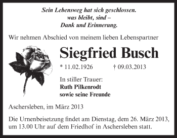 Traueranzeige von Siegfried Busch von WVG - Wochenspiegel Aschersleben