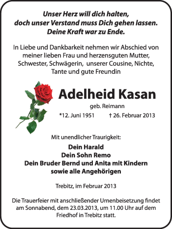 Traueranzeige von Adelheid Kasan von WVG - Wochenspiegel Wittenberg