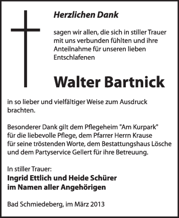 Traueranzeige von Walter Bartnick von WVG - Wochenspiegel Wittenberg