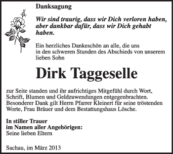 Traueranzeige von Dirk Taggeselle von WVG - Wochenspiegel Wittenberg