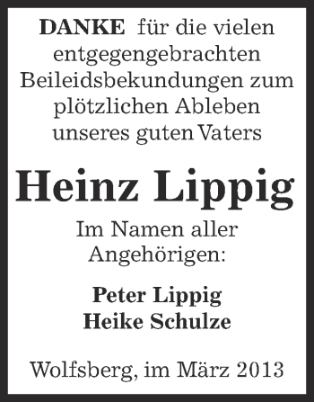 Traueranzeige von Heinz Lippig von Super Sonntag SGH Mansf. Land