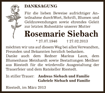 Traueranzeige von Rosemarie Siebach von Super Sonntag SGH Mansf. Land