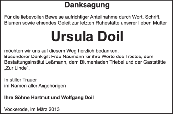 Traueranzeige von Ursula Doil von WVG - Wochenspiegel Wittenberg