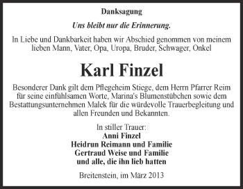 Traueranzeige von Karl Finzel von WVG - Wochenspiegel Quedlinburg