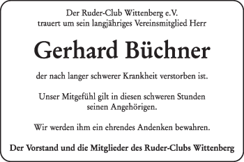 Traueranzeige von Gerhard Büchner von WVG - Wochenspiegel Wittenberg