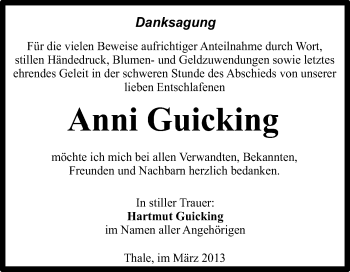 Traueranzeige von Anni Guicking von WVG - Wochenspiegel Quedlinburg