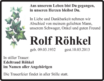 Traueranzeige von Rolf Röhkel von WVG - Wochenspiegel Quedlinburg