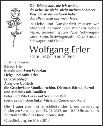 Traueranzeige von Wolfgang Erler von WVG - Wochenspiegel Quedlinburg