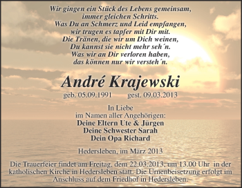 Traueranzeige von André Krajewski von WVG - Wochenspiegel Quedlinburg