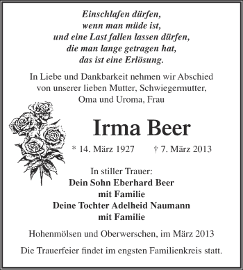 Traueranzeige von Irma Beer von WVG - Wochenspiegel NMB / WSF / ZTZ