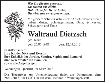 Traueranzeige von Waltraud Dietzsch von WVG - Wochenspiegel NMB / WSF / ZTZ