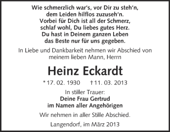 Traueranzeige von Heinz Eckardt von WVG - Wochenspiegel NMB / WSF / ZTZ