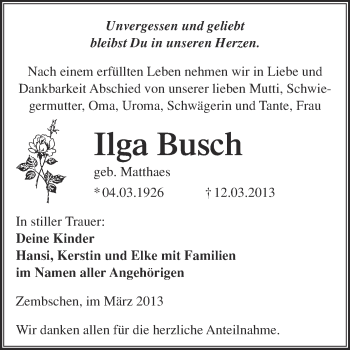 Traueranzeige von Ilga Busch von WVG - Wochenspiegel NMB / WSF / ZTZ