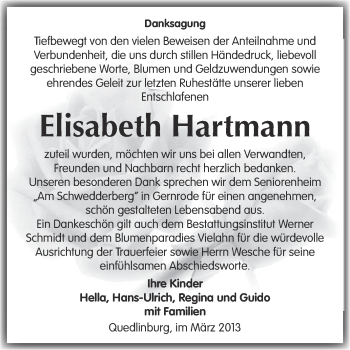 Traueranzeige von Elisabeth Hartmann von WVG - Wochenspiegel Quedlinburg