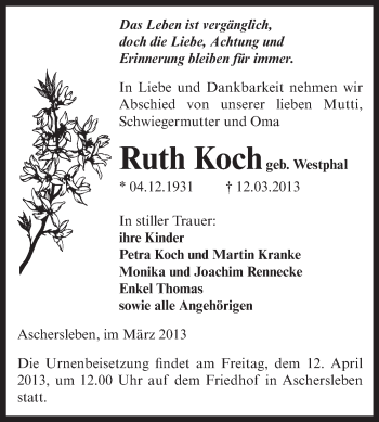 Traueranzeige von Ruth Koch von WVG - Wochenspiegel Aschersleben