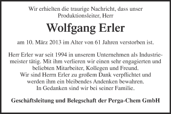 Traueranzeige von Wolfgang Erler von Super Sonntag Quedlinburg