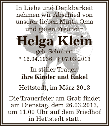 Traueranzeige von Helga Klein von Super Sonntag SGH Mansf. Land
