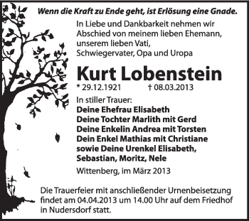 Traueranzeige von Kurt Lobenstein von WVG - Wochenspiegel Wittenberg
