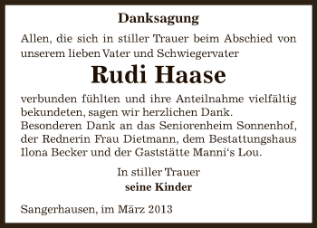 Traueranzeige von Rudi Haase von WVG - Wochenspiegel SGH