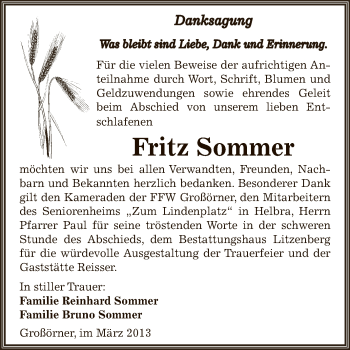 Traueranzeige von Fritz Sommer von Wochenspiegel Mansfelder Land