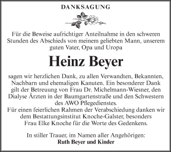 Traueranzeige von Heinz Beyer von Super Sonntag Aschersleben