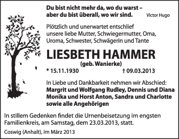 Traueranzeige von Liesbeth Hammer von Super Sonntag Wittenberg