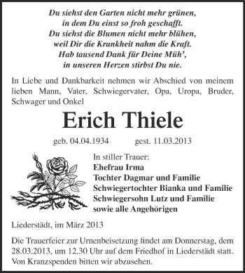 Traueranzeige von Erich Thiele von WVG - Wochenspiegel Merseburg