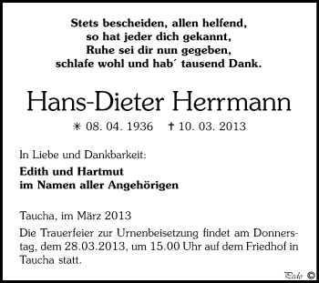 Traueranzeige von Hans-Dieter Herrmann von WVG - Wochenspiegel NMB / WSF / ZTZ